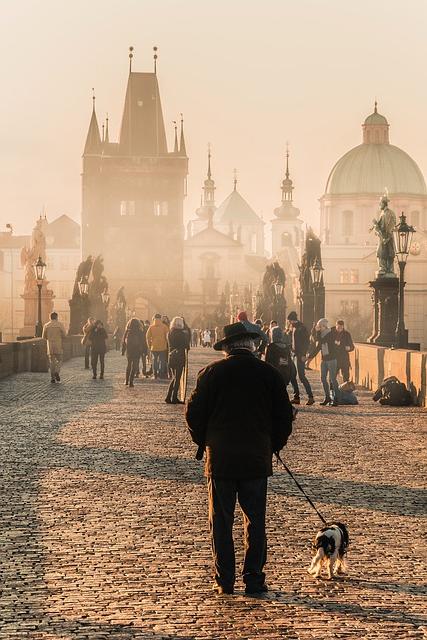 man with dog in front of bridge and impressive old city